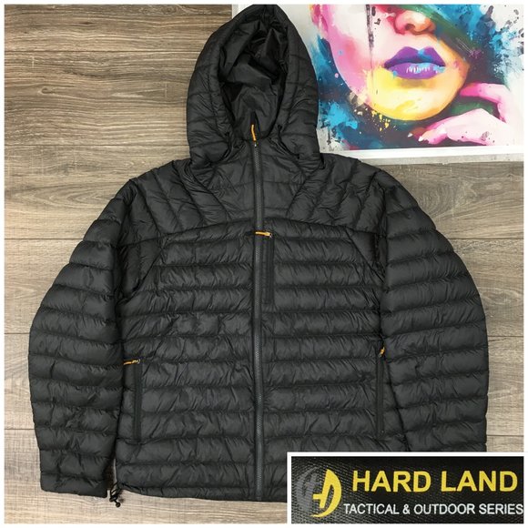 HARD LAND Men’s Jacket Packable Down Hooded Lightweight Size L Puffer Coat Outer - Picture 1 of 7